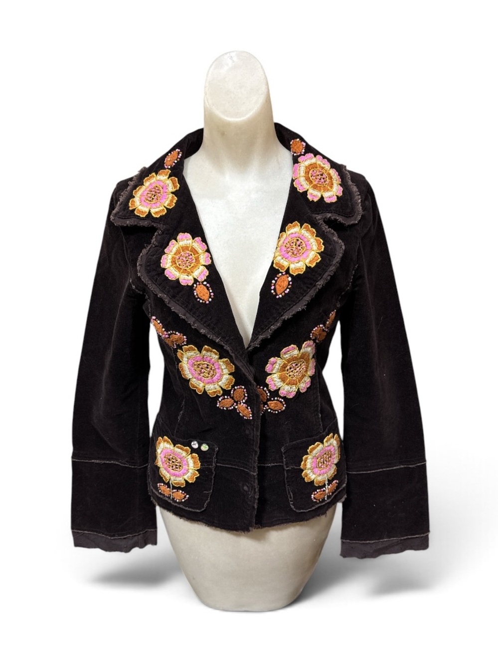 Vintage Y2K Joystick Hand Embroidered Corduroy Floral Blazer Jacket S M